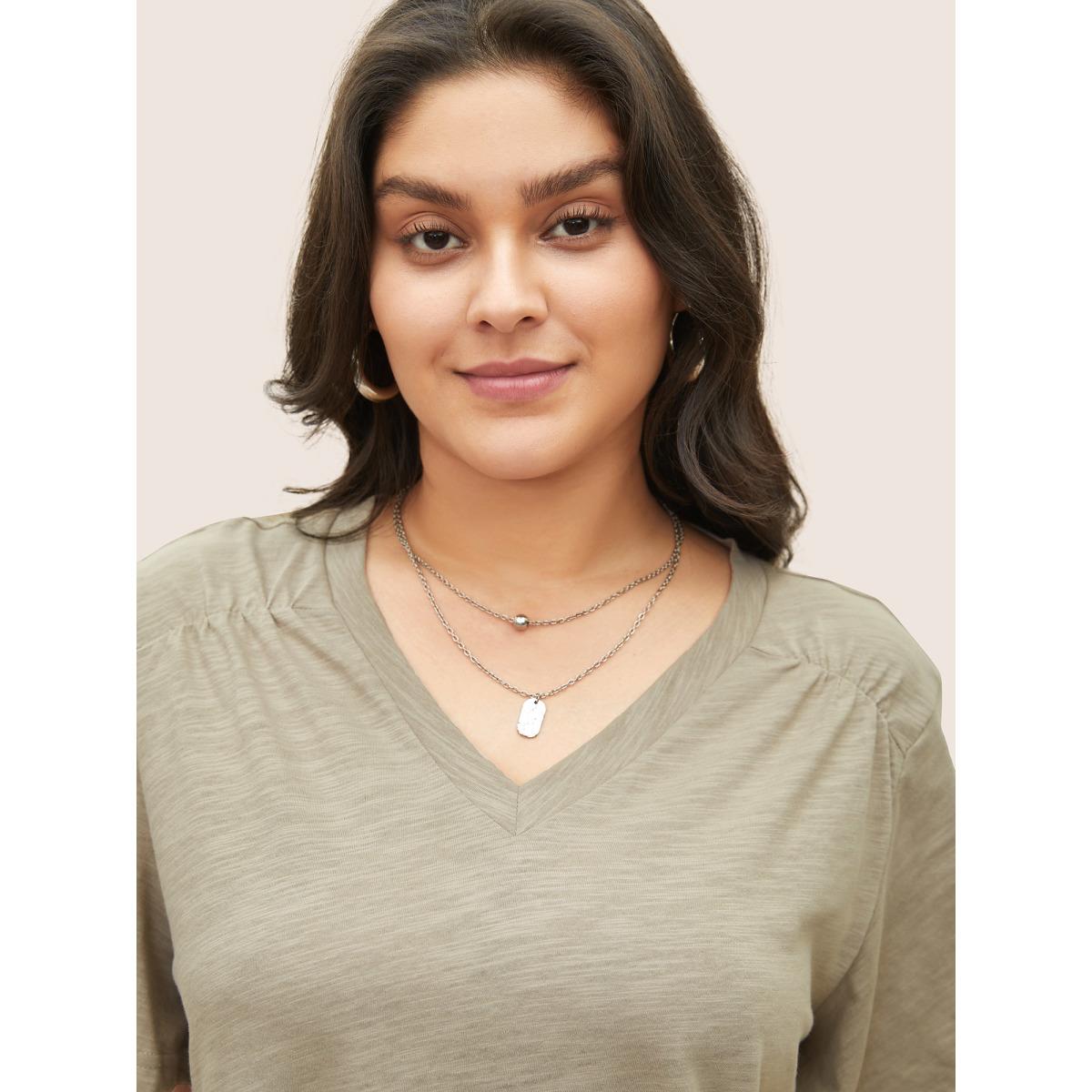 Plus Size Plain Ruffle Sleeve Heather V Neck T-shirt LightBrown Women Casual Plain V-neck Everyday T-shirts BloomChic 14-16/1X Product Image