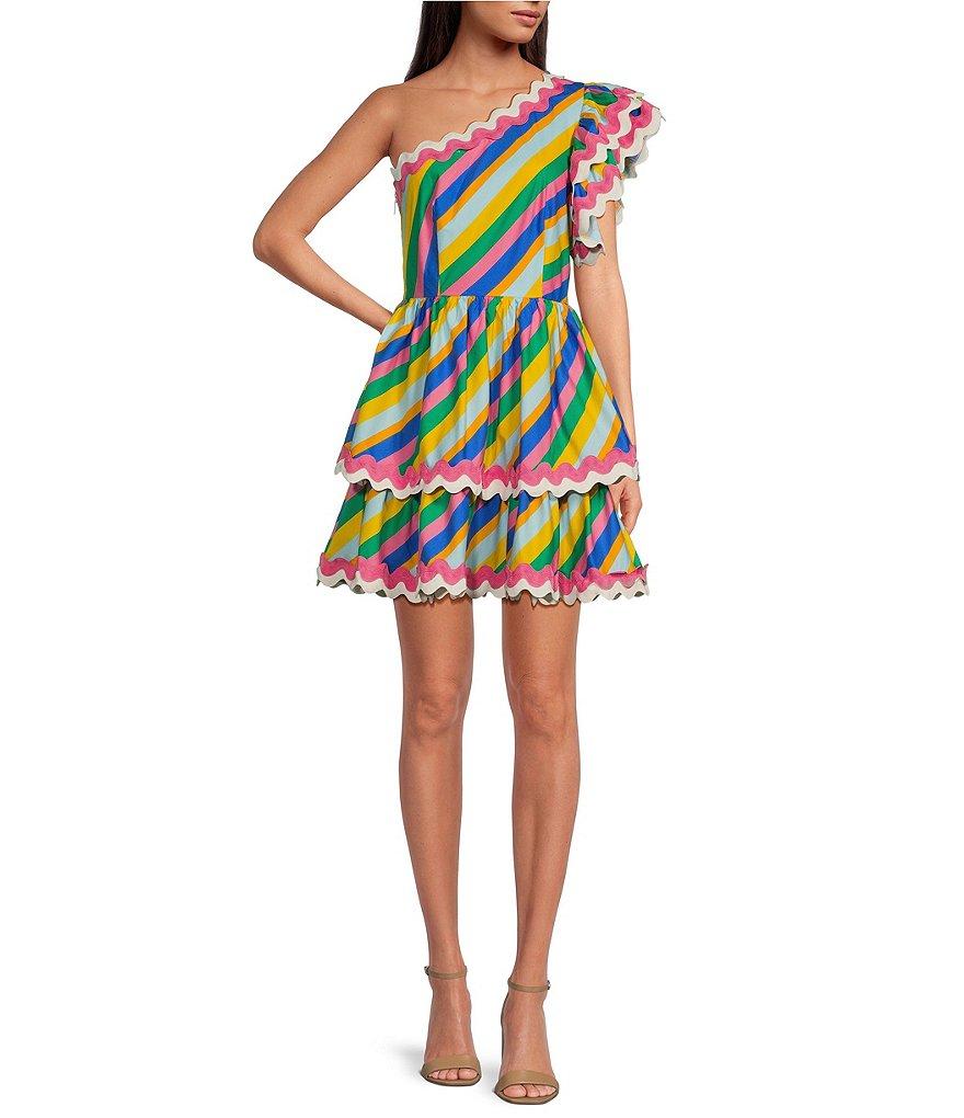 Sugarlips Stripe Print One Shoulder Cap Sleeve Rick Rack Trim Mini Dress Product Image