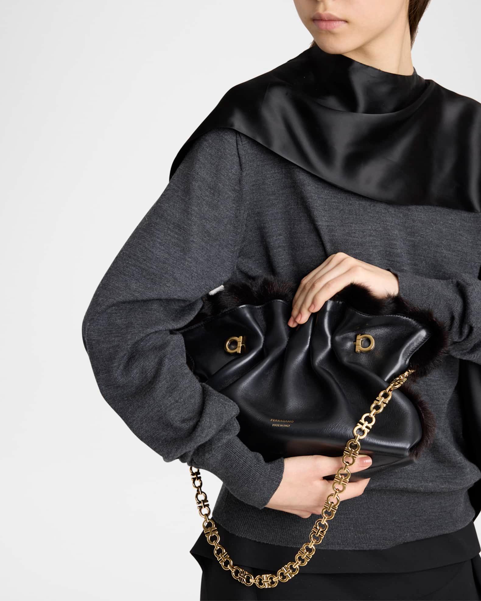 Ruched Shearling-Trim Soft Shoulder Bag Product Image