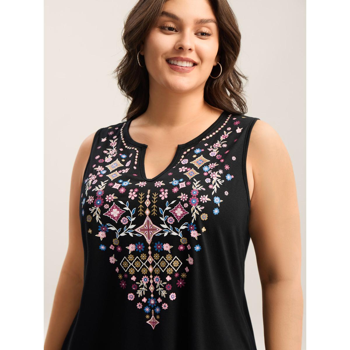 Plus Size Stretchy Boho Print Tank Top Women Black Leisure Non Flat collar with V-notch Casual Tank Tops Camis BloomChic 14-16/1X Product Image