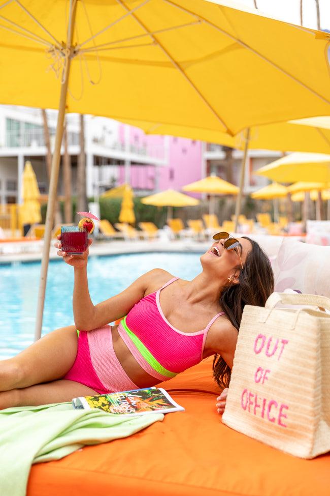 Do Not Disturb Pink and Green Color Block Bikini Top FINAL SALE Product Image