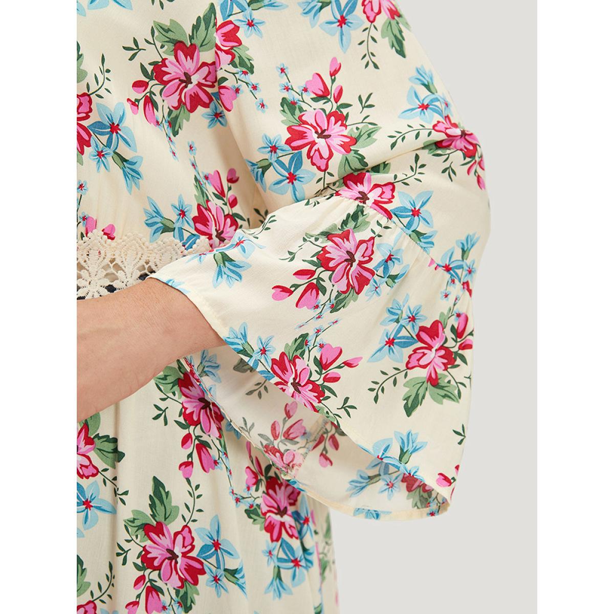 Plus Size Floral Print Open Front Knot Guipure Lace Ruffles Kimono Women Beige Vacation Printed Dailywear Kimonos BloomChic 10/M Product Image