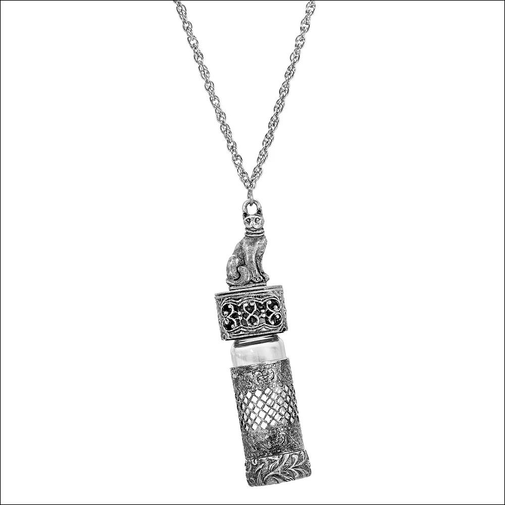 1928 Silver Tone Cat Vial Necklace, Womens Product Image