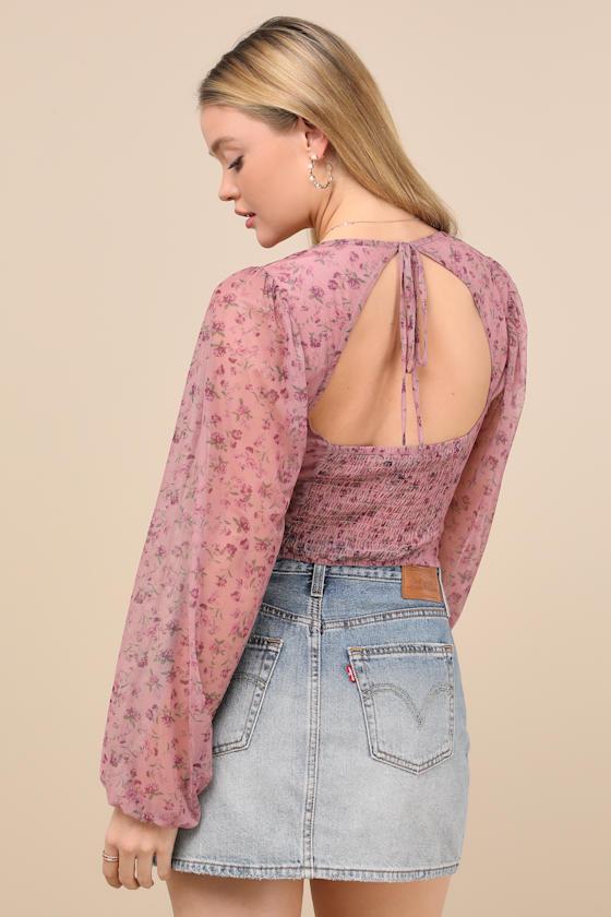 Feeling So Cute Mauve Floral Mesh Balloon Sleeve Crop Top Product Image