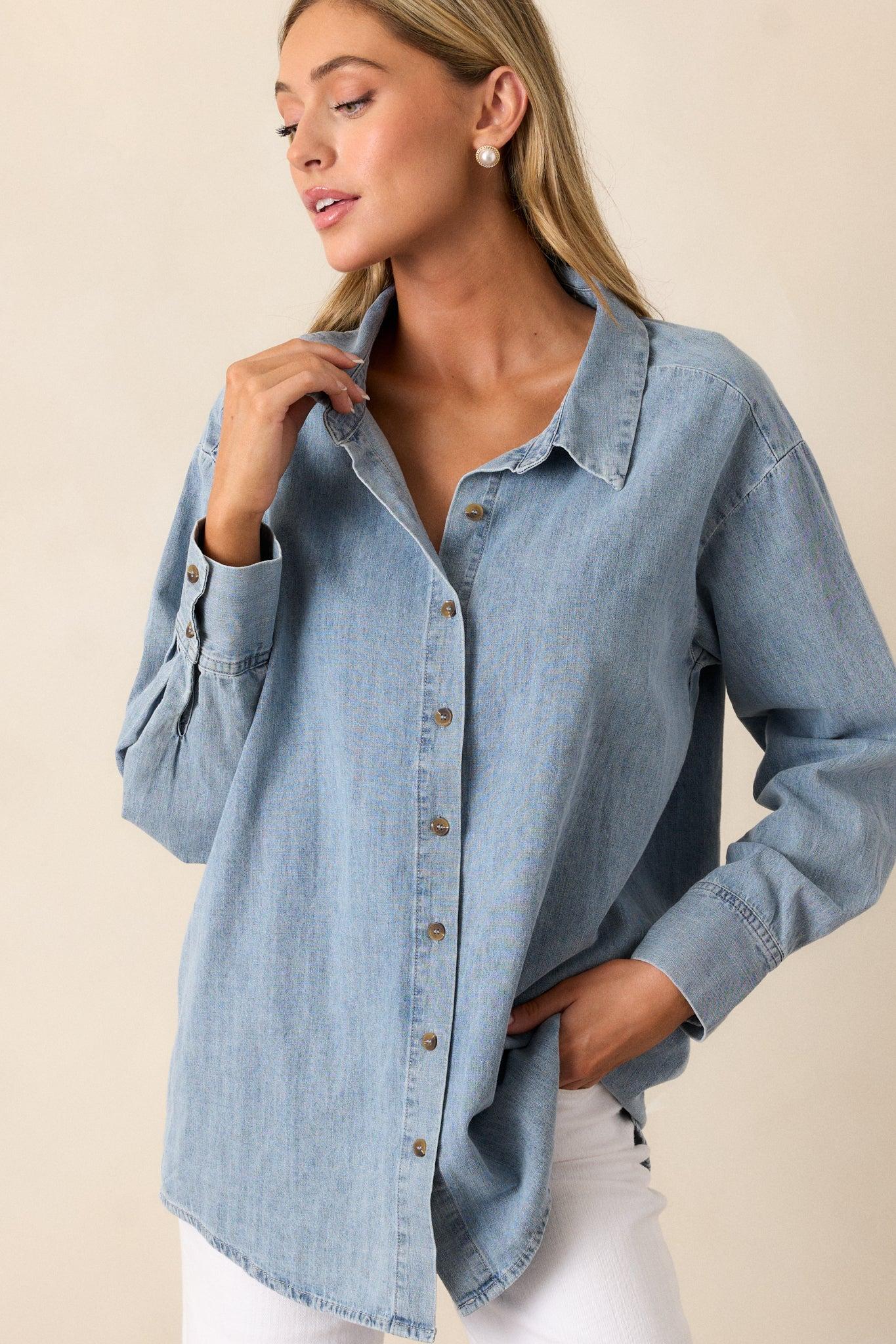 In Plain Sight Cotton Light Chambray Button Front Top Product Image