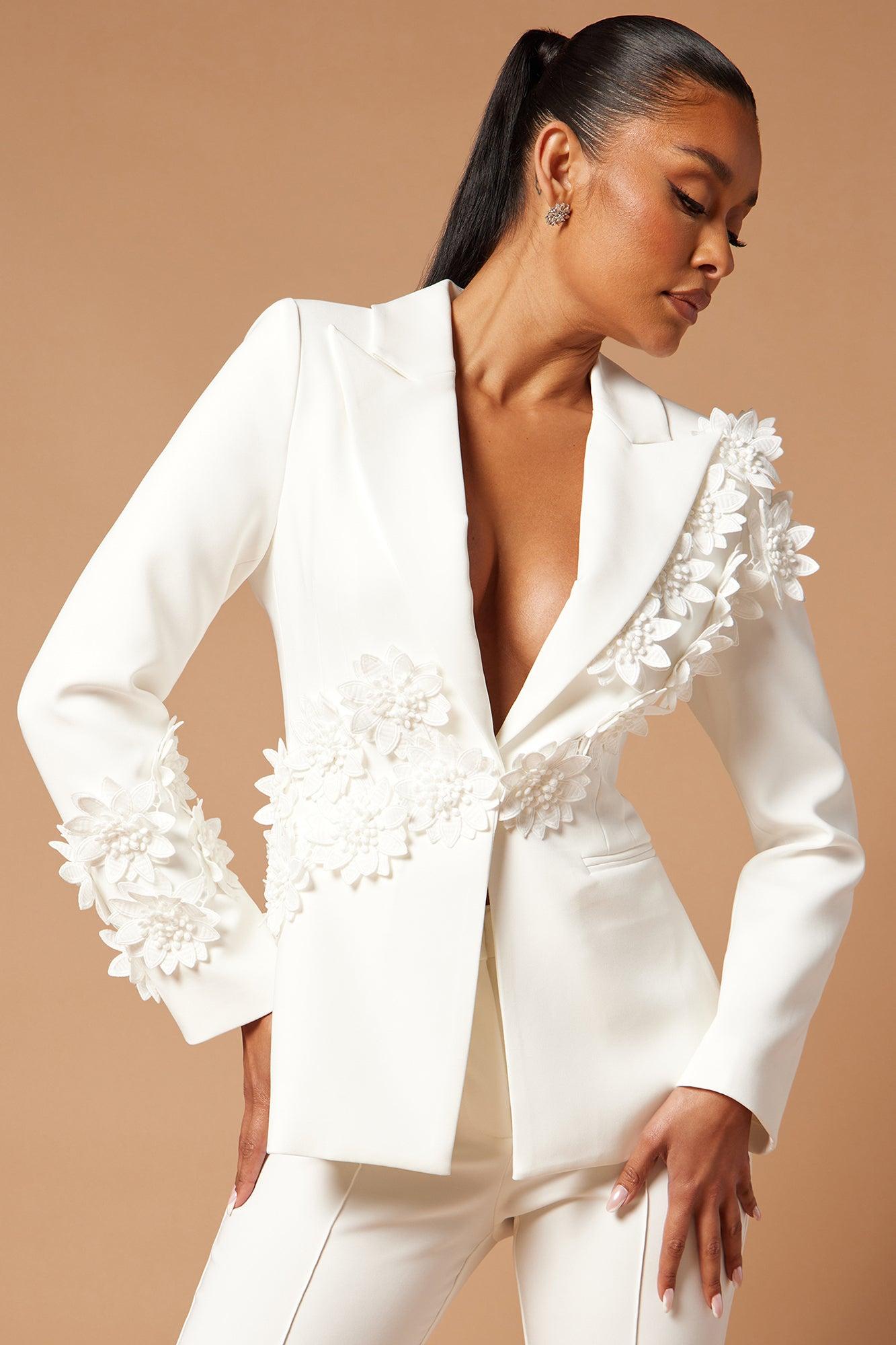 Claudette Floral Embroidered Suit Set - White Product Image