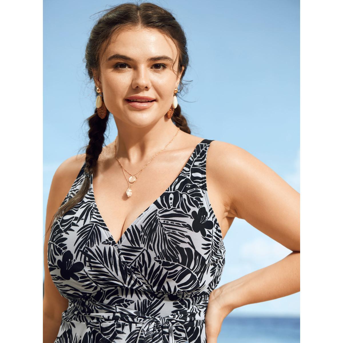 Plus Size Tropical Print Tie Knot Wrap Gathered Swim Dress Women's Swimwear Black Beach Bodycon V-neck High stretch Curve Swim Dresses BloomChic 14-16/1X Product Image