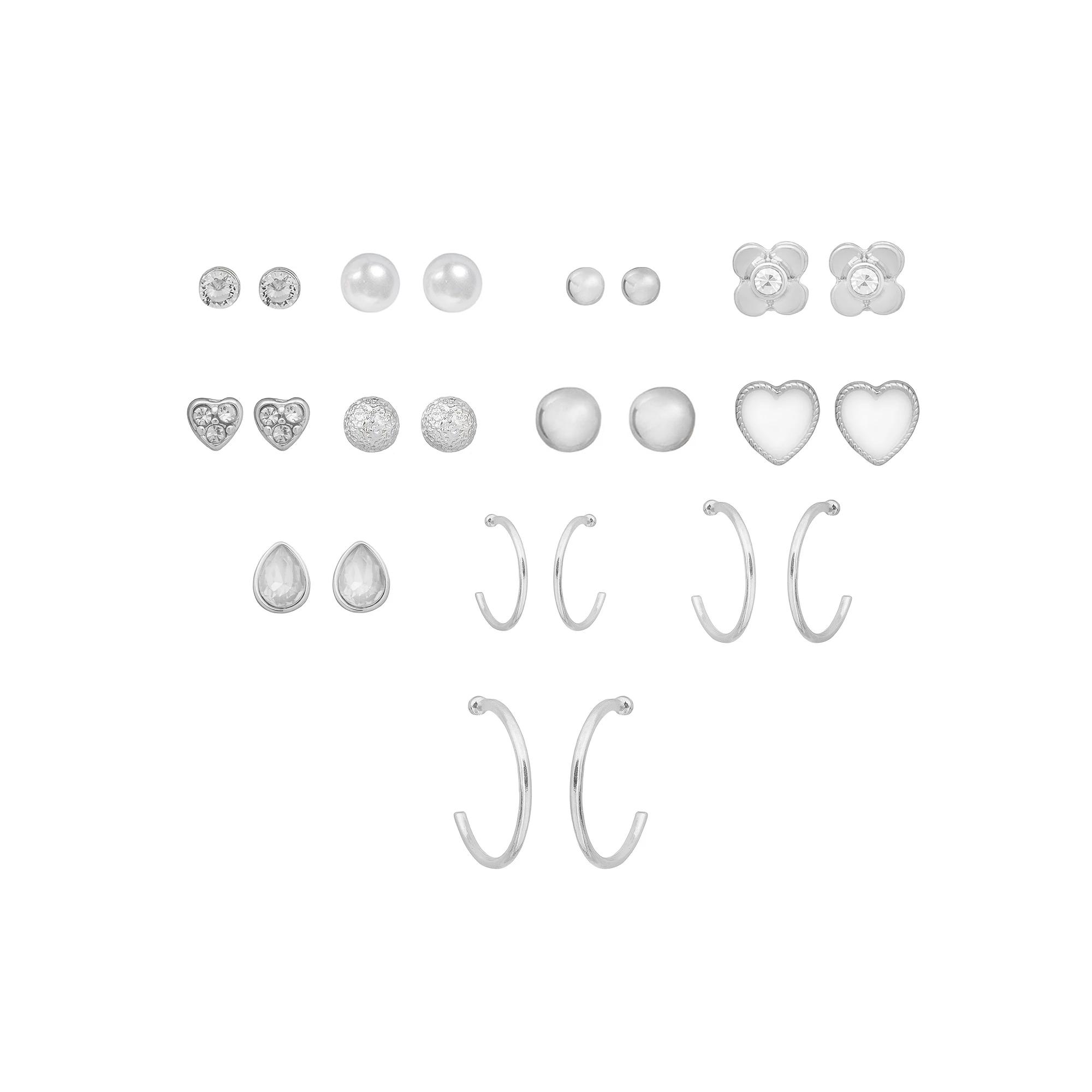 LC Lauren Conrad Silver Tone Crystal & Simulated Pearl Delicate Stud & Hoop Earrings 12-pack Set, Women's, Multi Product Image