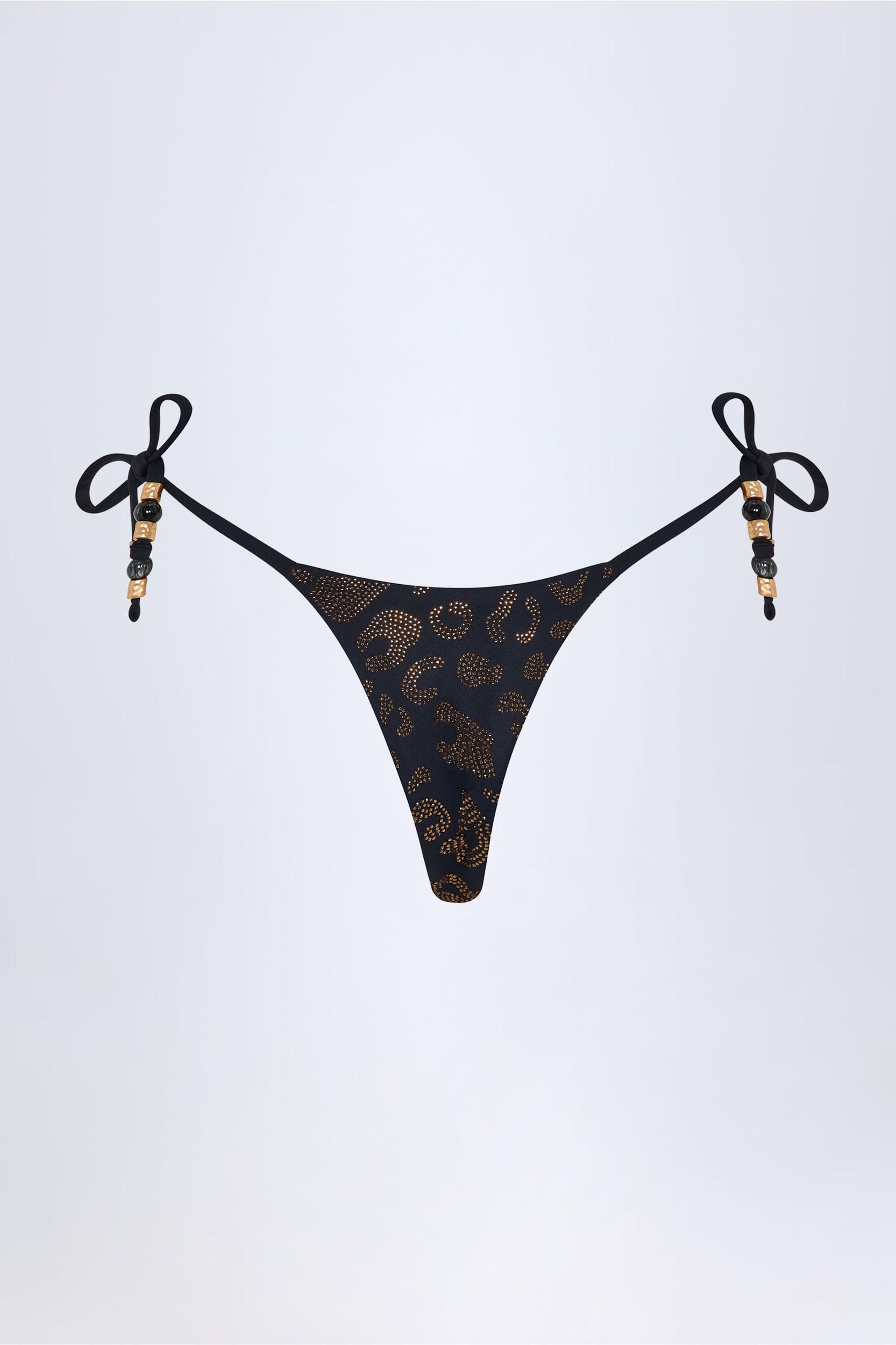 Charm-Detail Thong Bikini Bottoms in Black Product Image