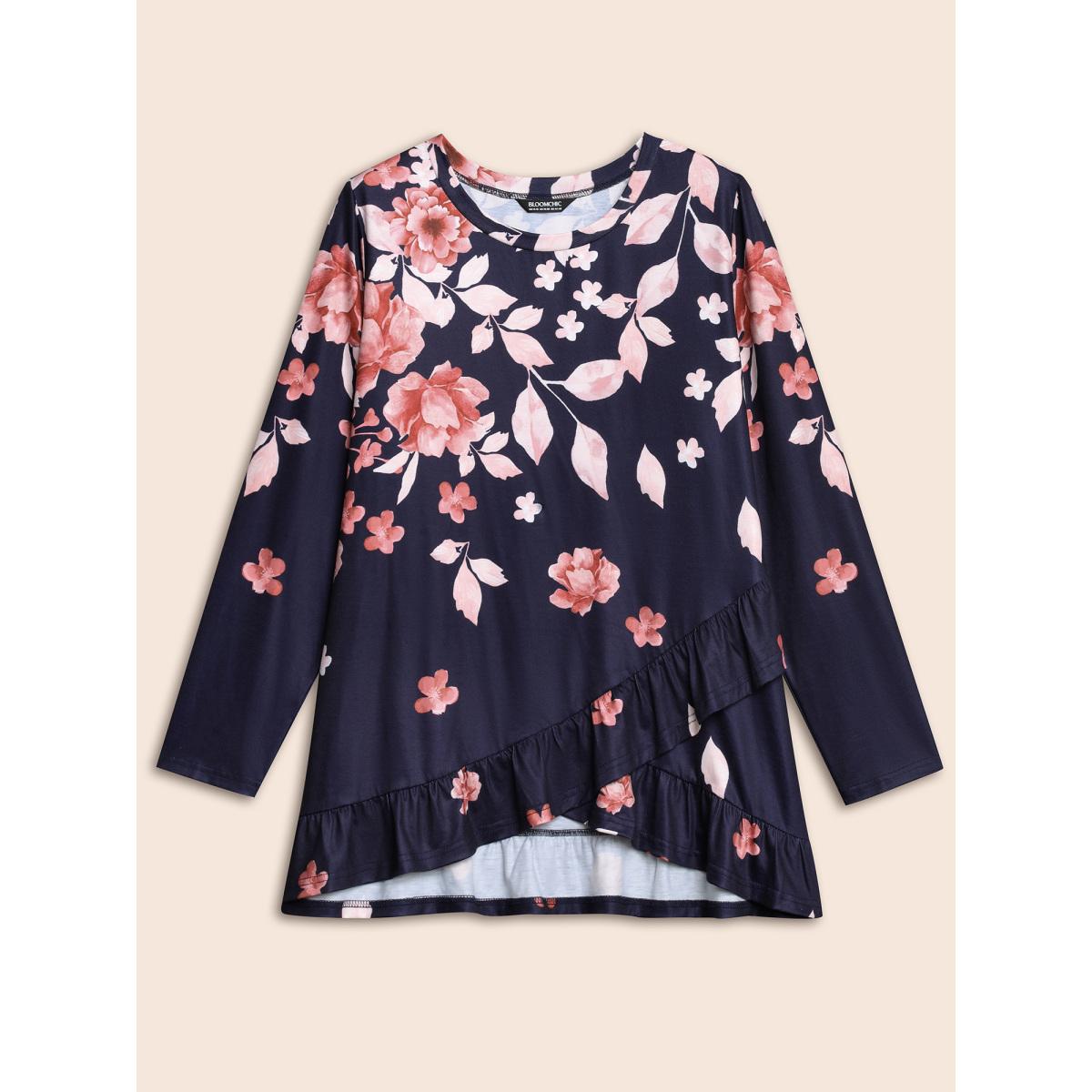Plus Size Spring Flowers Ruffled Hem T-Shirt Indigo Women Casual Ruffles Natural Flowers Round Neck Everyday T-shirts BloomChic 28/5X Product Image