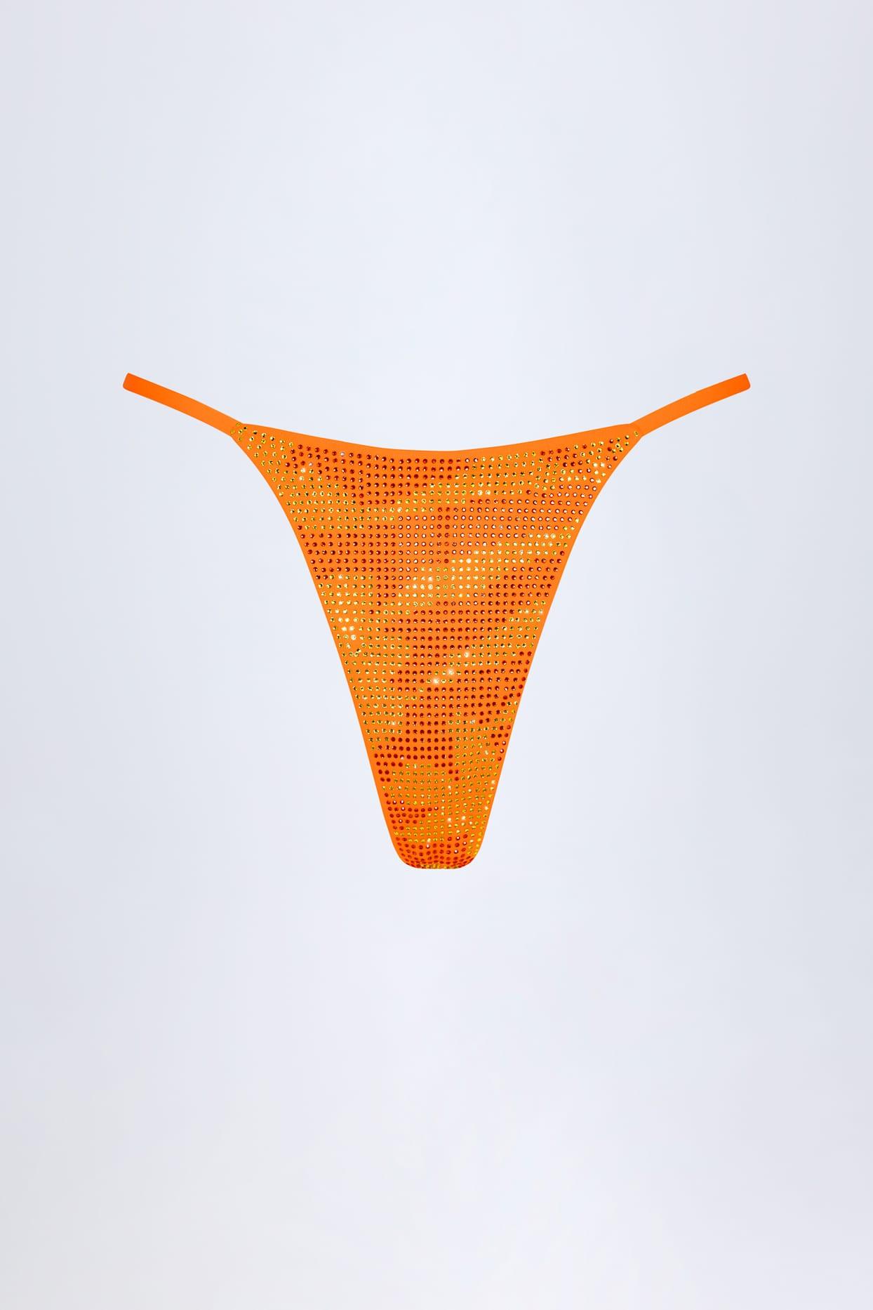 Embellished Thong Bikini Bottoms in Orange Tropical Print Product Image