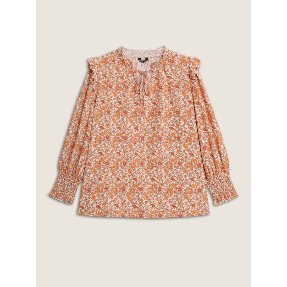 Plus Size Coral Chiffon Floral Print Ruffled Shoulder Blouse Women Timeless Long Sleeve Flat collar with V-notch Elegant Blouses BloomChic 10/M Product Image