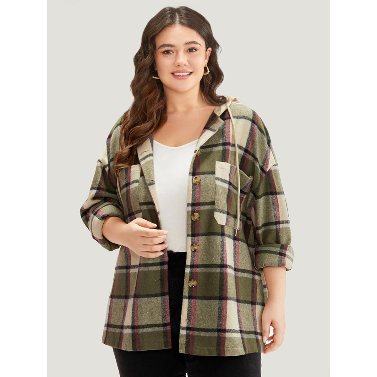 Plus Size Plaid Hooded Drawstring Pocket Coat Women Multicolor Contrast Pocket Dailywear Jackets BloomChic 18-20/2X Product Image