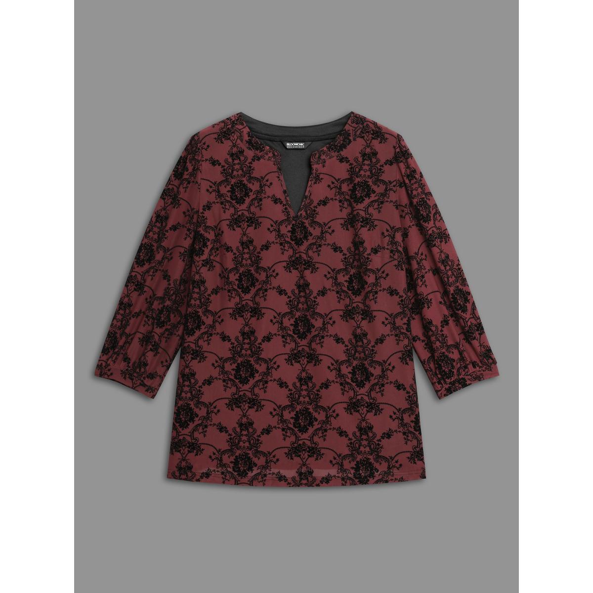 Plus Size Burgundy Boho Print Flocking Mesh Blouse Women Elegant Elbow-length sleeve Flat collar with V-notch Everyday Blouses BloomChic 10/M Product Image