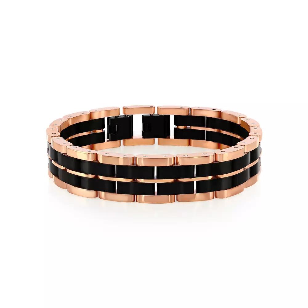 Men's Metallo Stainless Steel Two Tone Linked Bracelet, Size: 8.5", Rose Tone Black Product Image