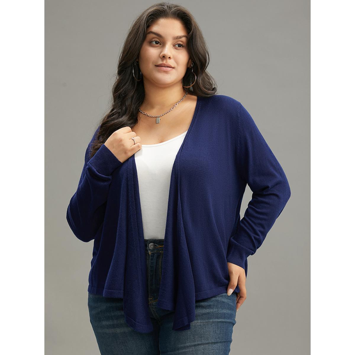 Plus Size Supersoft Essentials Asymmetrical Hem Elastic Cuffs Cardigan Indigo Women Basics Loose Long Sleeve Everyday Cardigans BloomChic 18-20/2X Product Image