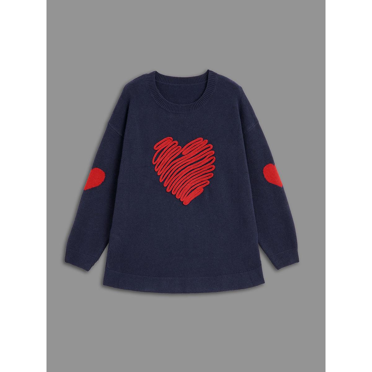 Plus Size Supersoft Heart Pattern Cardigan Indigo Women Casual Loose Long Sleeve Round Neck Everyday Pullovers BloomChic 26/4X Product Image