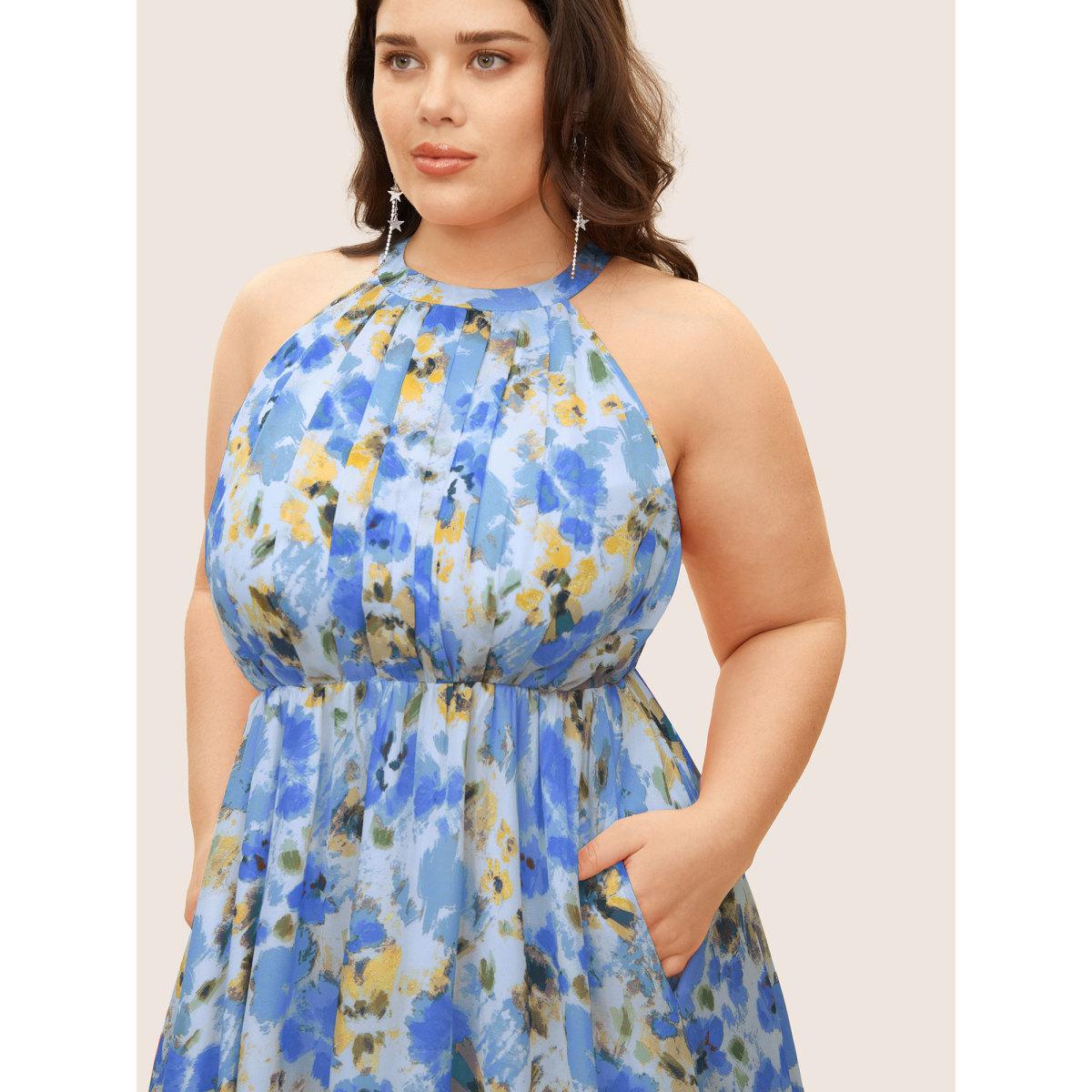 Plus Size Halter Neck Floral Pleated Pocket Dress LightBlue Women Formal Shirt collar Sleeveless Curvy BloomChic 10/M Product Image