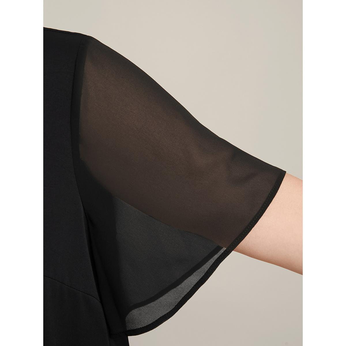 Plus Size Black Solid O Ring Zipper Mesh Ruffle Sleeve V Neck Blouse Women Office Short sleeve V-neck Work Blouses BloomChic 22-24/3X Product Image