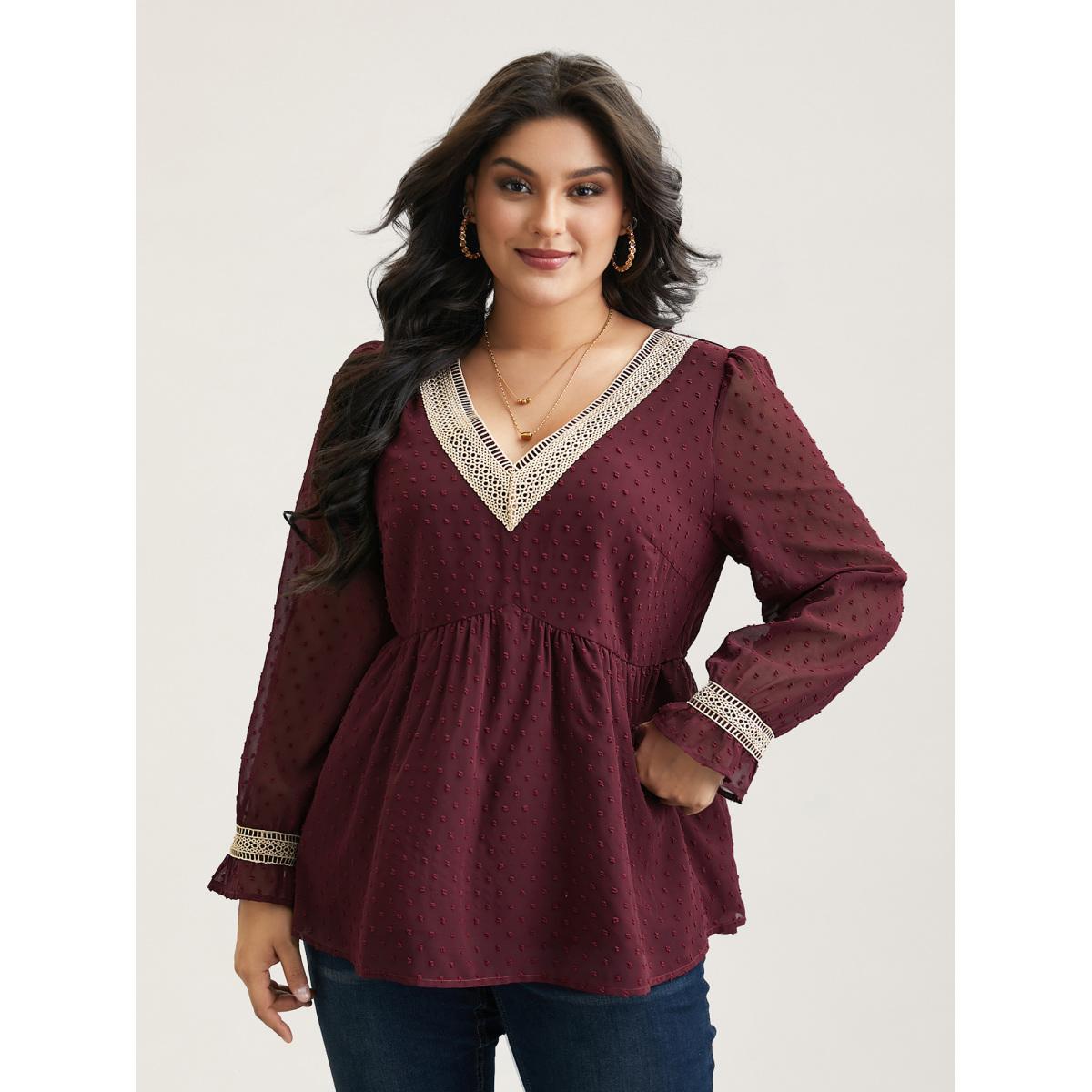 Plus Size Burgundy Contrast Webbing Cut-Out Stretchy-Waist Blouse Women Elegant Extra Long Sleeve V-neck Everyday Blouses BloomChic 18-20/2X Product Image