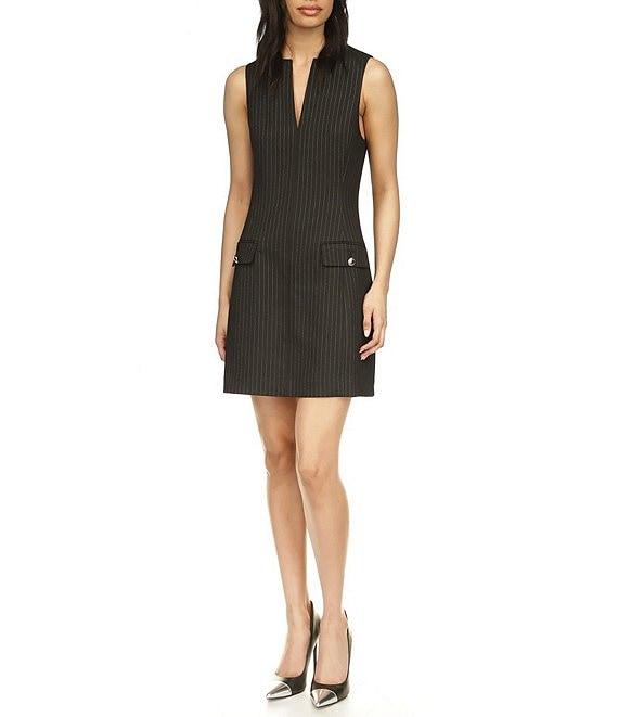 Michael Kors Pinstripe V-Neck Sleeveless Shift Dress Product Image