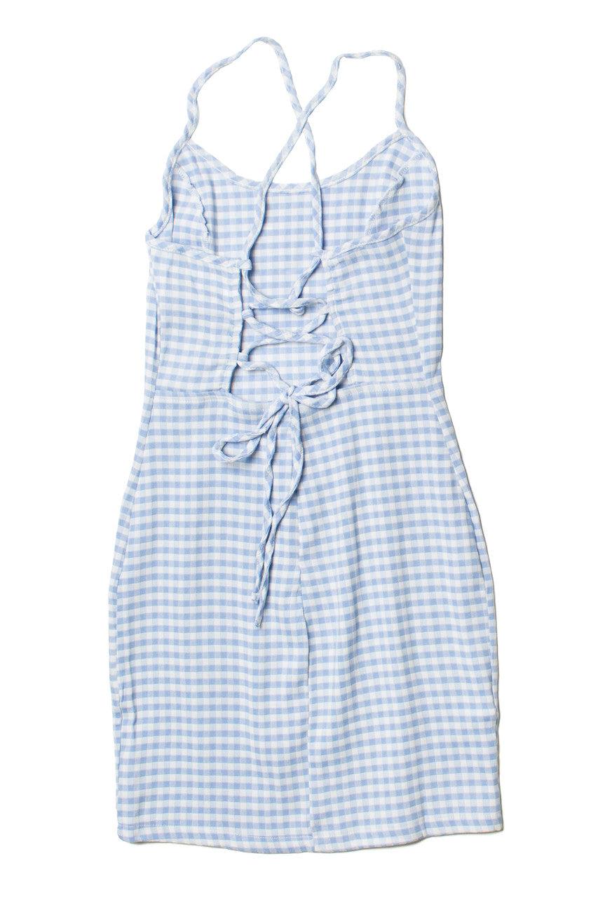 Blue Gingham Lace Up Back Mini Dress Product Image
