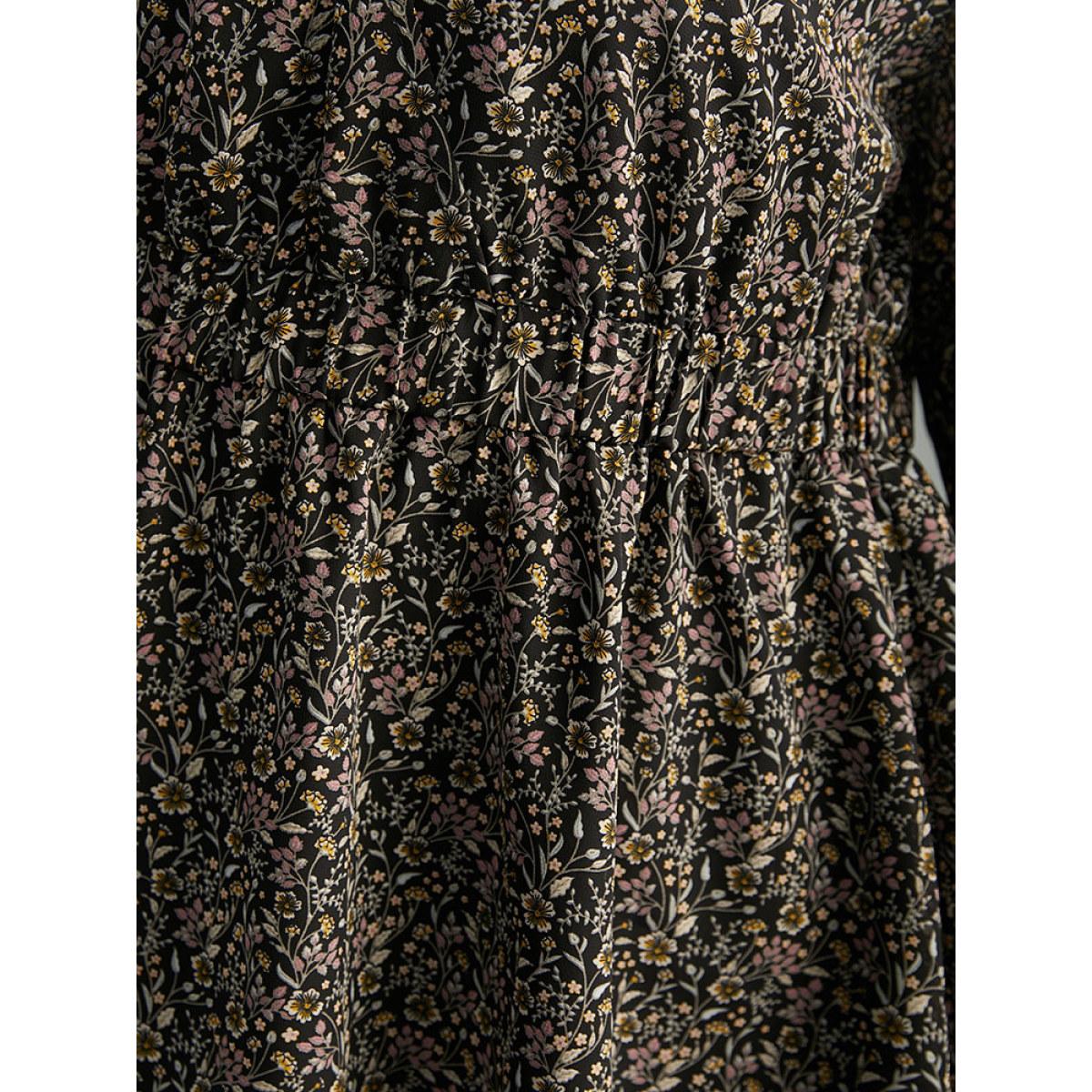 Plus Size Black Ditsy Floral Shirred Lantern Sleeve Blouse Women Elegant Long Sleeve V-neck Everyday Blouses BloomChic 14-16/1X Product Image