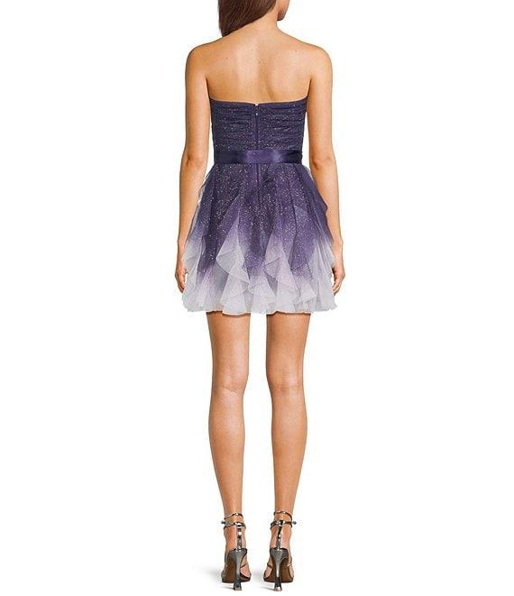 Pear Culture Strapless Waist Tie Glitter Ombre Mesh Corkscrew Fit & Flare Dress Product Image