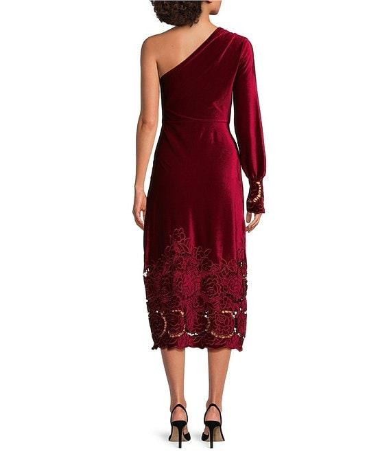 Layered with Love One Sleeve Laser Cut Floral Hem Velvet Midi Dress Product Image