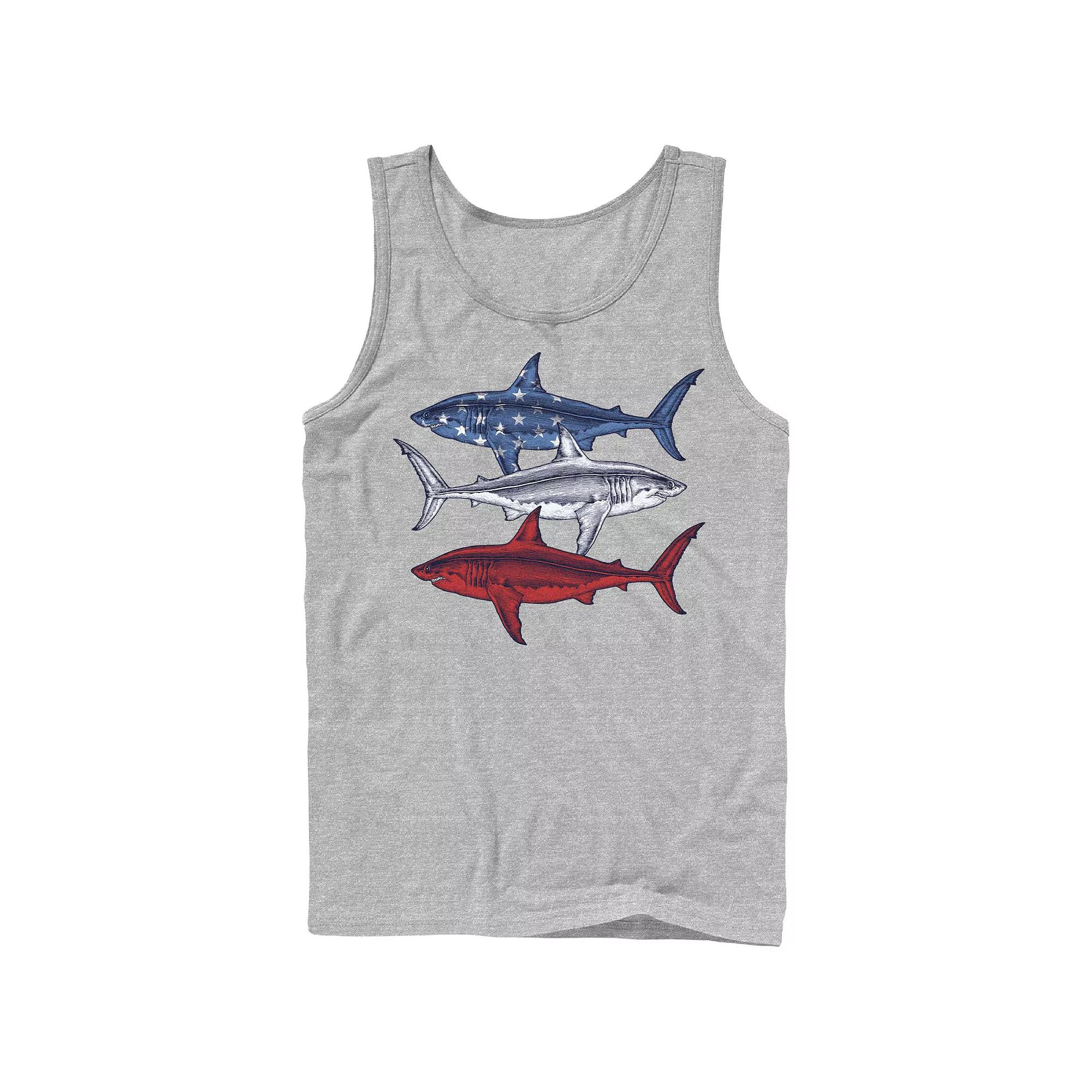 Men's Red White And Blue Sharks Graphic Tank, Size: Large, Athletic Grey Product Image