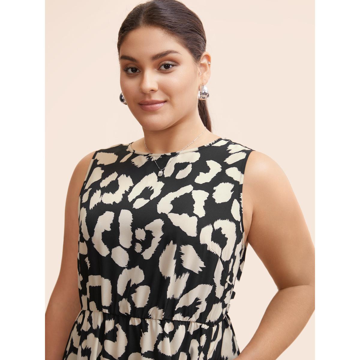 Plus Size Leopard Print Back Tie Knot Tank Dress Black Women At the Office Tie knot Round Neck Sleeveless Curvy BloomChic 26/4X Product Image