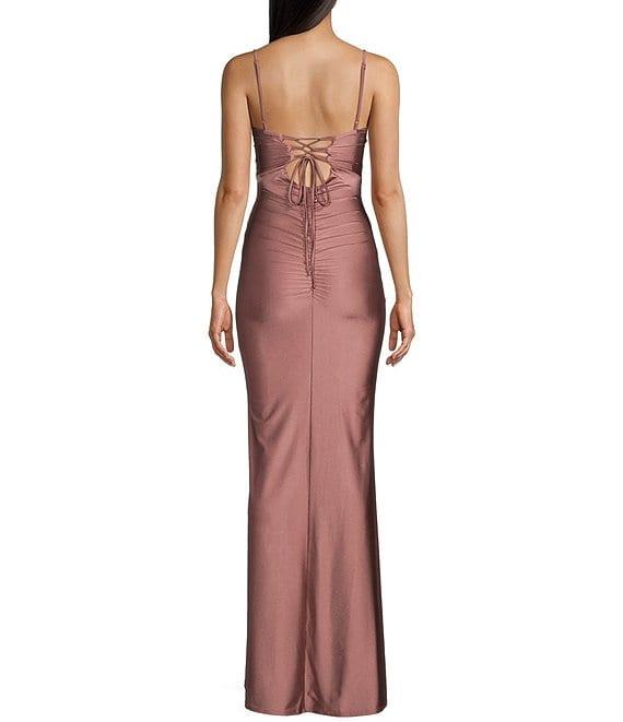 Honey and Rosie Square Neck Lace Up Back Pleated Mermaid Dress Product Image