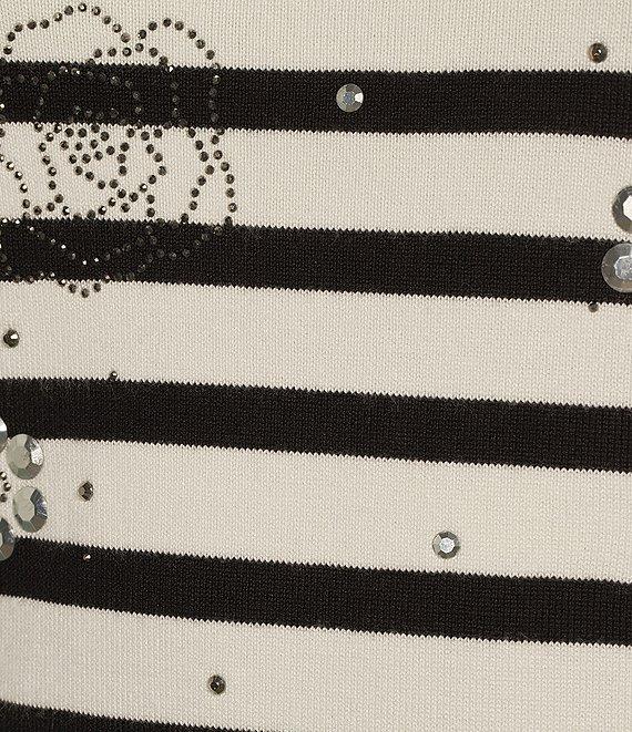 KARL LAGERFELD PARIS Stripe Floral Embellished Crew Neck 3/4 Sleeve Sweater Product Image