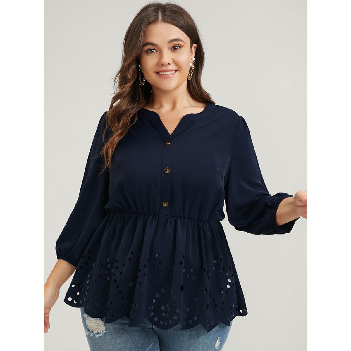 Plus Size DarkBlue Solid Cut Out Ruffles Button Lantern Sleeve Blouse Women Office Elbow-length sleeve V-neck Office Blouses BloomChic 12/L Product Image