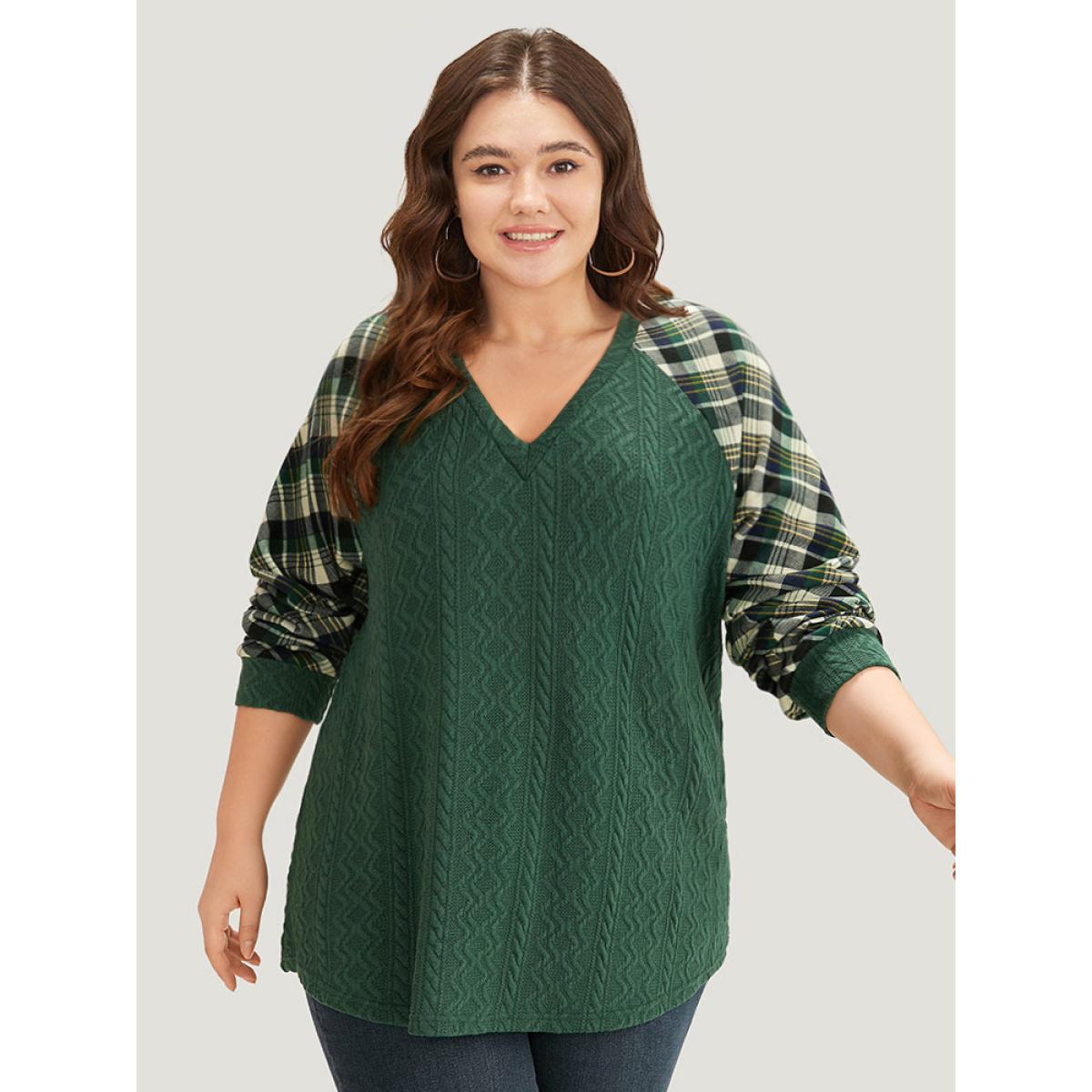 Plus Size Plaid Raglan Sleeve Patchwork Texture Sweatshirt Women DarkGreen Casual Elastic cuffs V-neck Dailywear Sweatshirts BloomChic 10/M Product Image