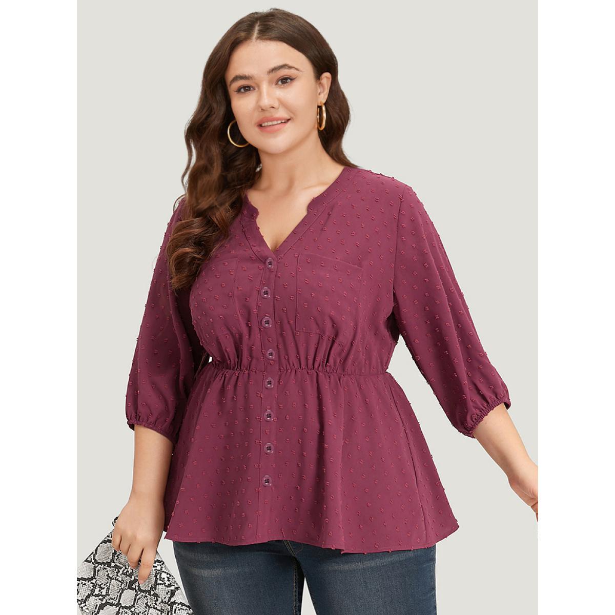 Plus Size Purple Plain Notched Button Through Lantern Sleeve Blouse Women Office Elbow-length sleeve Notched collar Office Blouses BloomChic 28/5X Product Image
