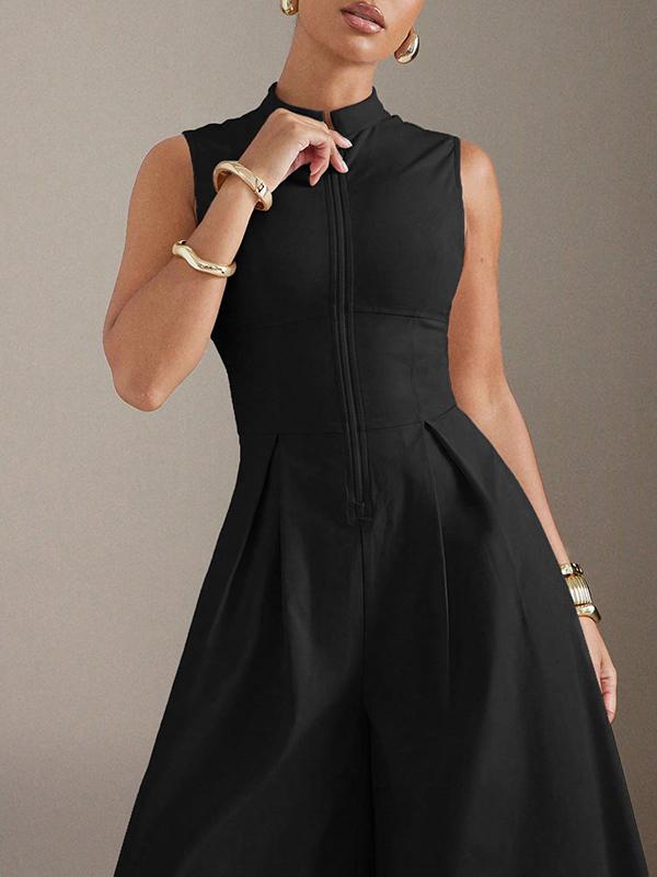 Sleeveless Wide Leg Pleated Solid Color Split-Joint Zipper Round-Neck Jumpsuits Product Image