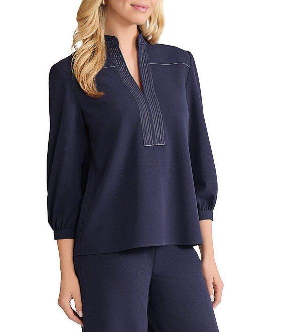 Ming Wang Stretch Deco Crepe Stand Collar V-Neck Elbow Balloon Sleeve Blouse Product Image