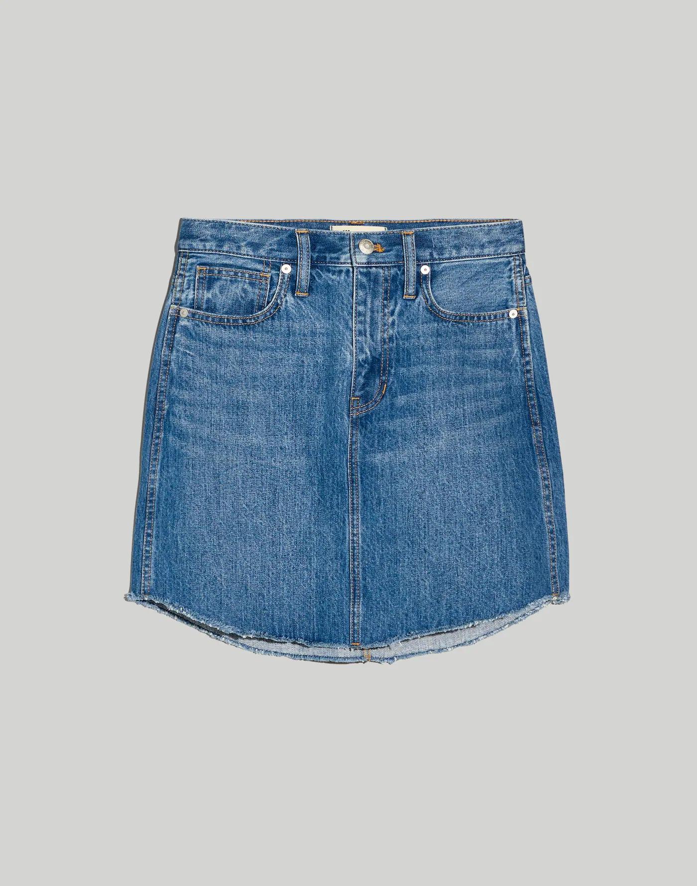 Denim Dolphin-Hem Mini Skirt in Harwell Wash Product Image