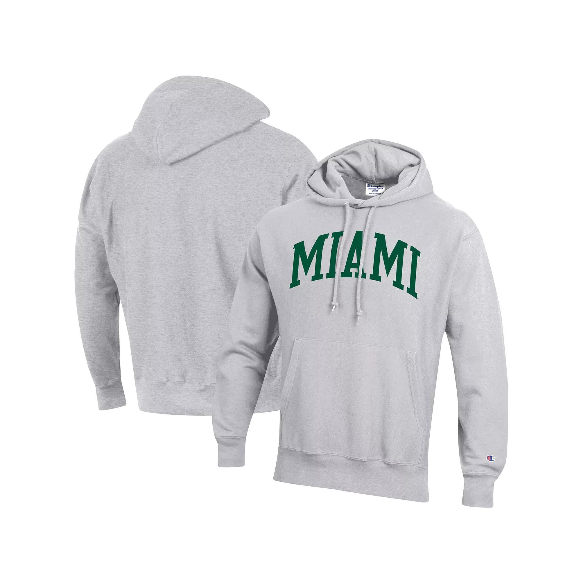Men's Champion Heathered Gray Miami Hurricanes Team Arch Reverse Weave Pullover Hoodie,  Product Image