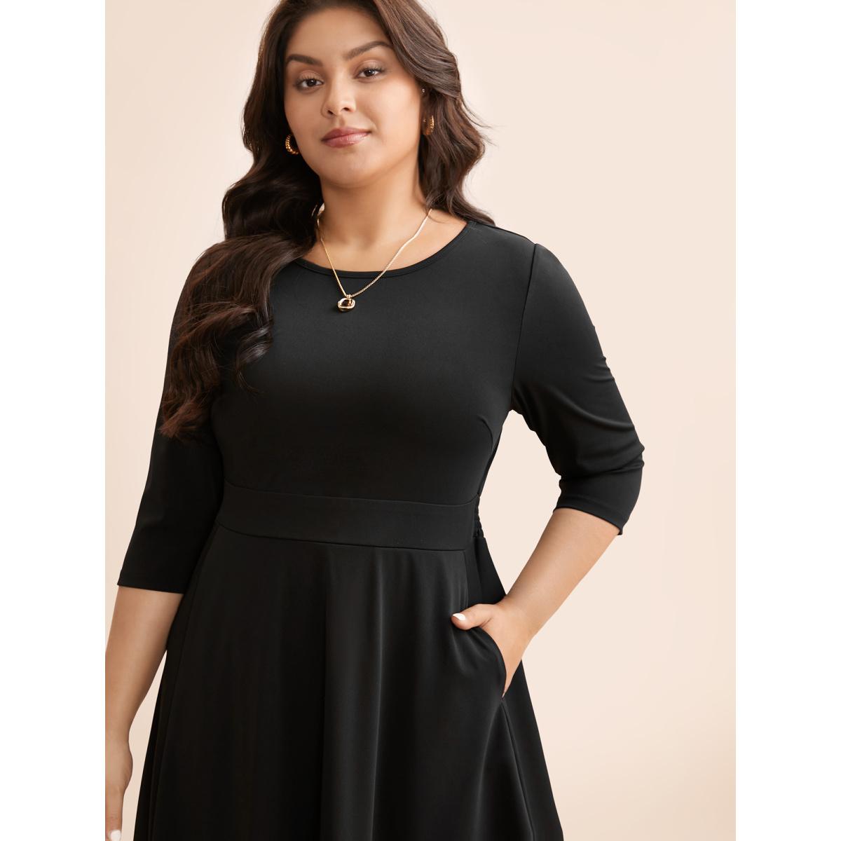 Plus Size Solid Round Neck Shirred Midi Dress Black Women At the Office Shirred Round Neck Elbow-length sleeve Curvy BloomChic 14-16/1X Product Image