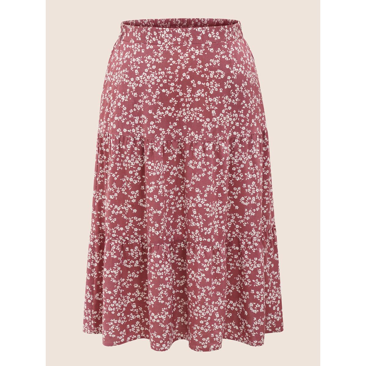 Plus Size Ditsy Floral Elastic Waist Pocket Skirt Women DustyPink Elegant Non No stretch Slanted pocket Everyday Skirts BloomChic 26/4X Product Image