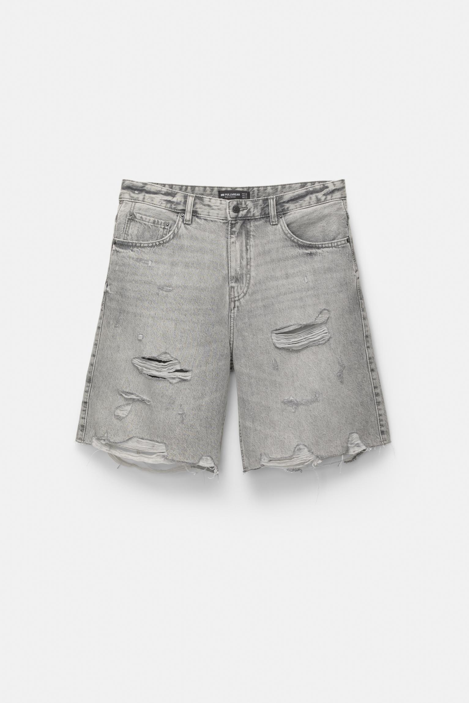 Ripped straight fit denim Bermuda shorts Product Image