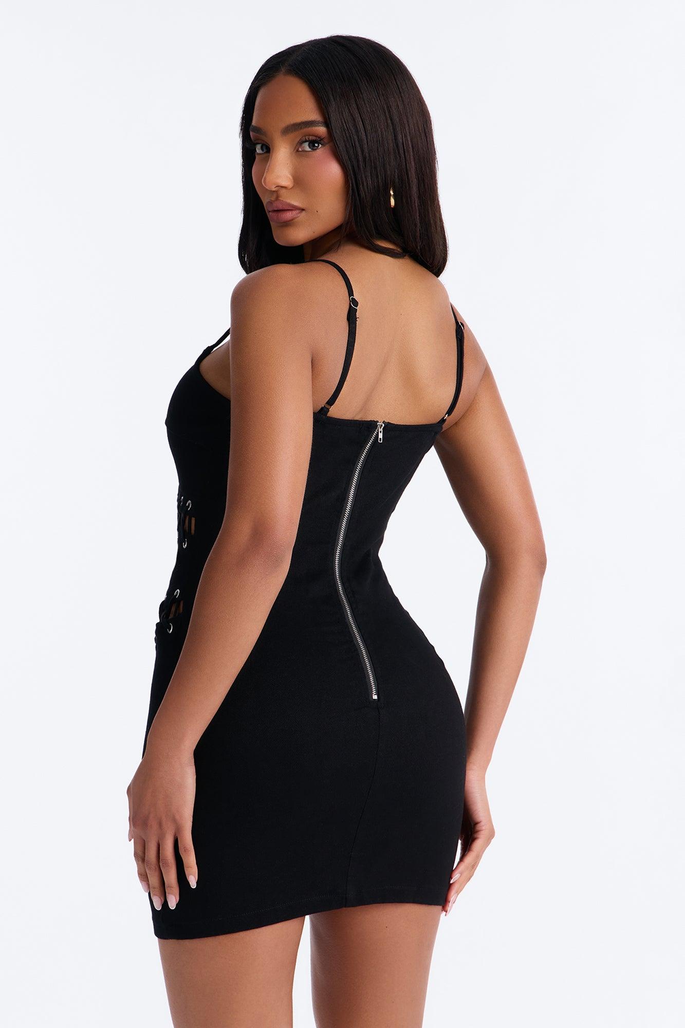 Lola Lace Up Stretch Denim Mini Dress - Black Female Product Image