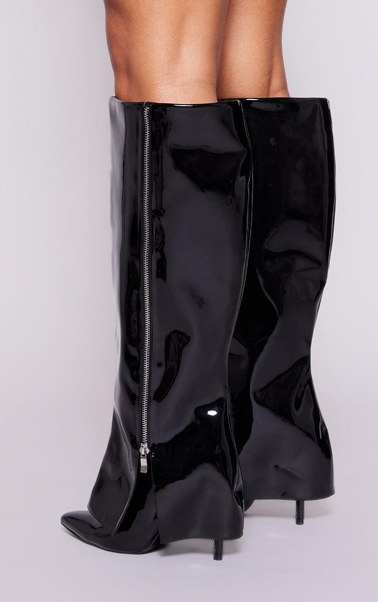 Black PU Point Toe Fold Over Stiletto Heel Knee High Boots Product Image