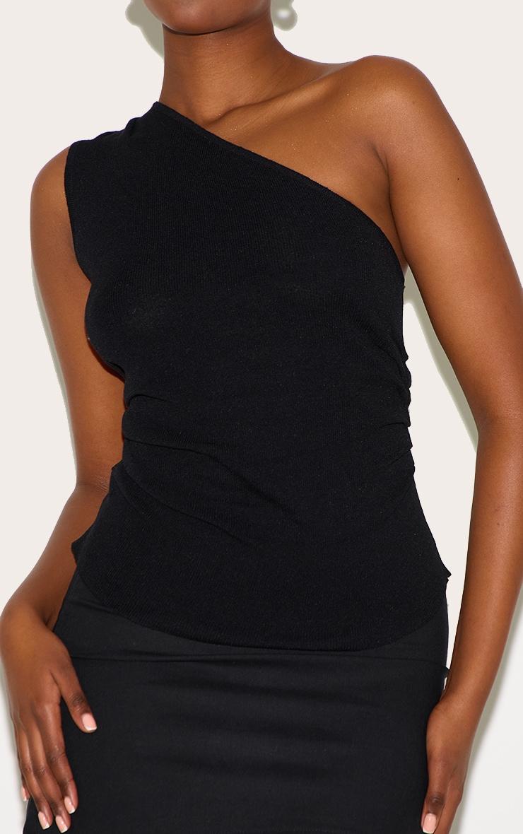 Black Fine Knit One Shoulder Ruched Side Top Product Image