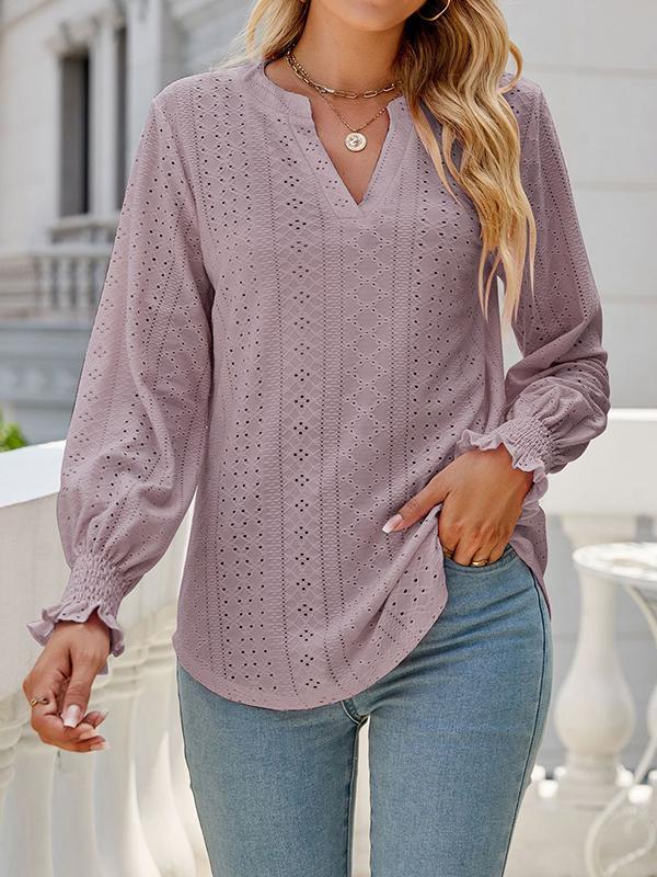 Long Sleeves Loose Elasticity Hollow Solid Color V-Neck T-Shirts Tops Product Image