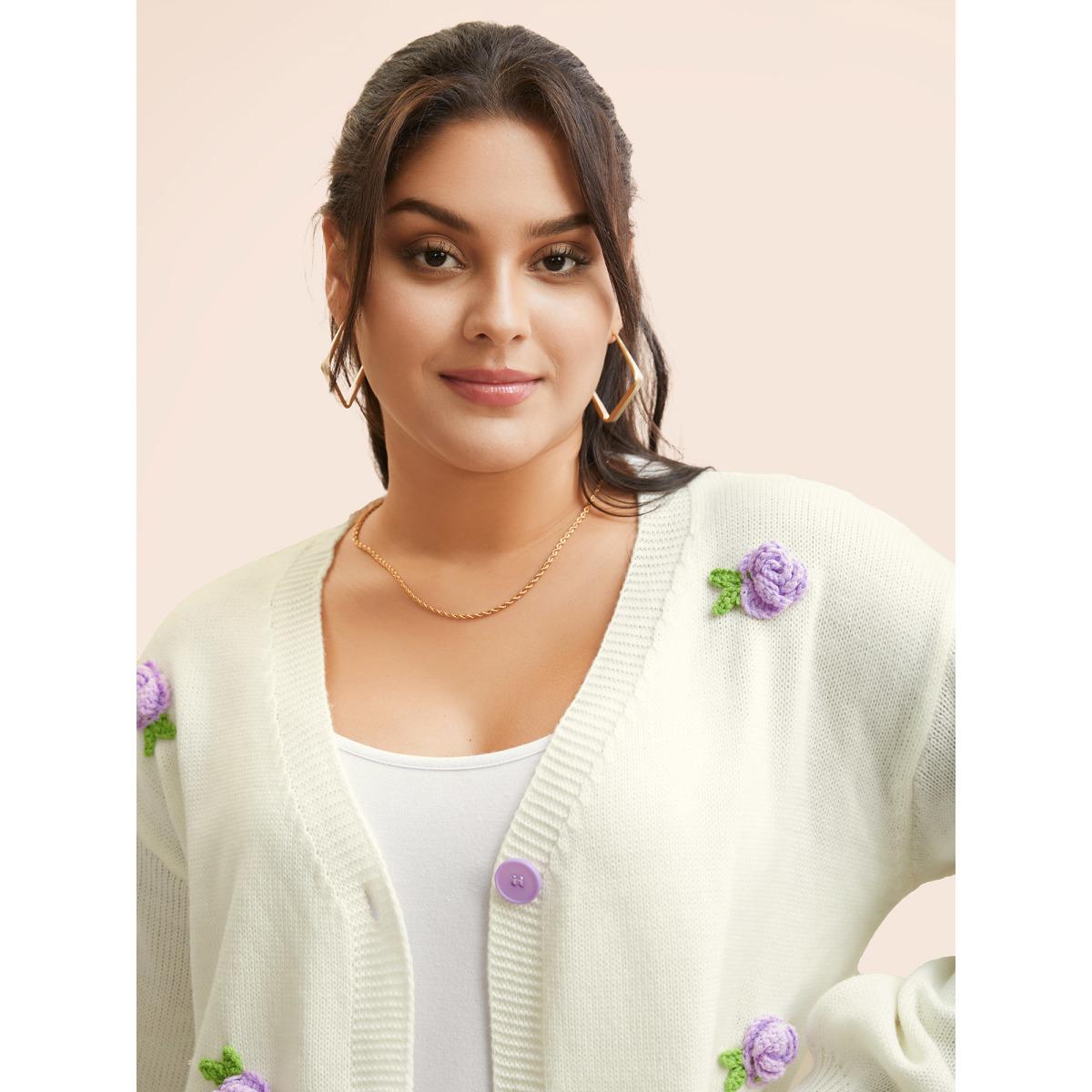 Plus Size Crochet Floral Contrast Button Up Cardigan Ivory Women Casual Loose Long Sleeve Everyday Cardigans BloomChic 30/6X Product Image