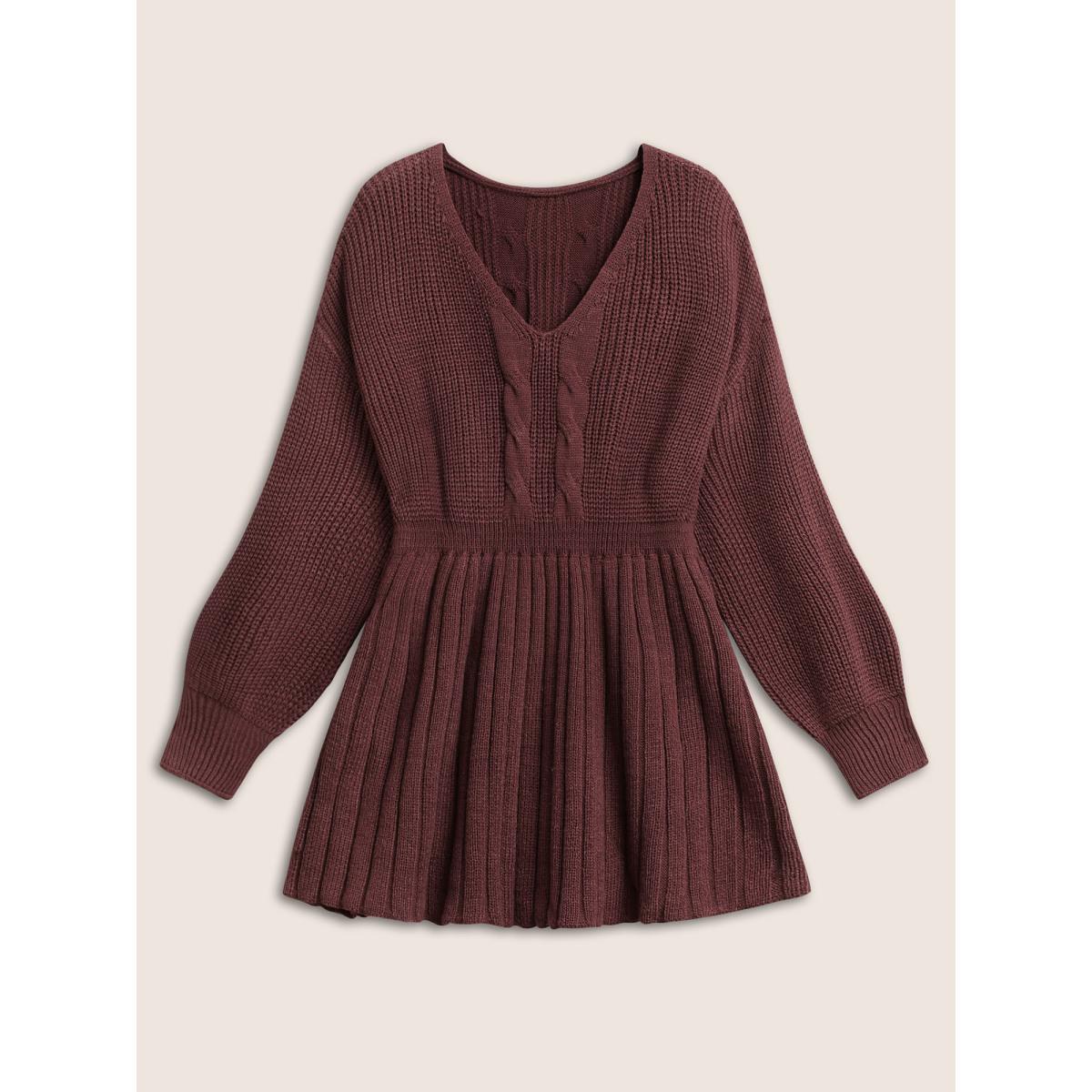 Plus Size Solid Cable Knit Elastic Waist Pullover Maroon Women Casual Long Sleeve V-neck Everyday Pullovers BloomChic 22-24/3X Product Image