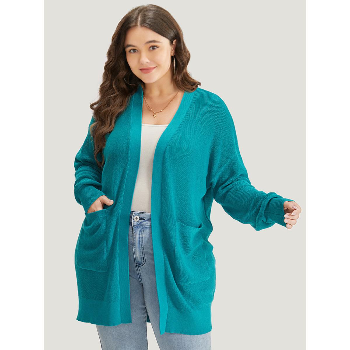 Plus Size Solid Open Front Patched Pocket Cardigan Emerald Women Casual Loose Long Sleeve Dailywear Cardigans BloomChic 12/L Product Image